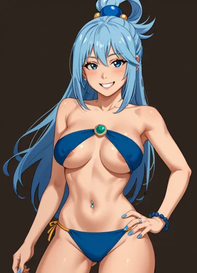 score_9_up, score_8_up, score_7_up, kono_subarashii_sekai_ni_shukufuku_wo! aqua_, (konosuba), 1girl bare_shoulders bikini bikini_bottom_only blue_eyes blue_hair blue_nails bracelet breasts day grin hair_ornament hair_rings hand_on_own_hip jewelry lips long_hair lotion medium_breasts navel navel_piercing nipples piercing ring sideboob single_hair_ring smile solo stomach sunscreen swimsuit topless_female underboob, lineart, (<lora:Basuke-P3v1-NbVp10:2>)