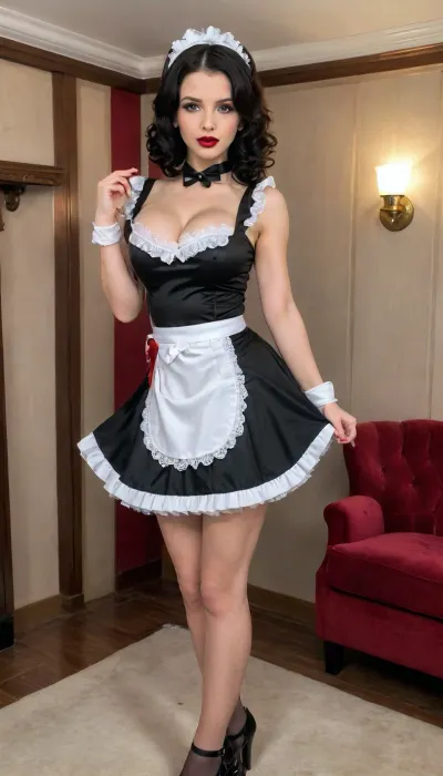 masterpiece, score_9, score_8_up, score_7_up, score_6_up, 1girl, extremely pale Indian beauty, (Petite:1.1), (young, 18yo, 18 year old, Indian girl, girl-next-door), ((Indian, pale skin)), ((luxurious yacht, art-deco aesthetic)), bdsm, very pale skin, (curly black hair), (detailed face, bright eyes, dimples, lips, big eyelashes), (dark make up, (deep eyeshadow), red lipstick, heavy make up), (full-body french maid outfit:1.3), heroic pose, ultra-high platform stripper stilettos, (huge fake tits:.35), small areolas, <lora:bombshell_v2:.1>, <lora:SDXL_BetterFaces-LoRA_v1:2>