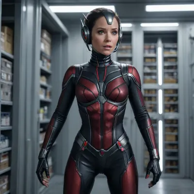 Wasp from movie antman and wasp, standing bottomless in storage, shaved pussy
