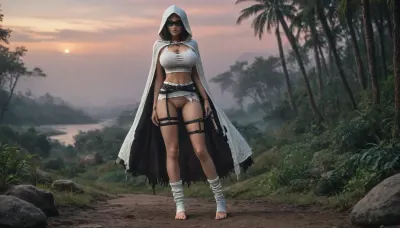 (solo), (full body view:1.7), ((focus pussy and feet)), standing, long black hair, bare tiny feet, (slender:1.6), (huge large heavy breasts:1.6), (huge areolas:1.1), (thigh straps:1.7), shaved, skinny thighs, narrow hips, necklace, bracelets, (black suspender belt), white tank top, (torn top:1.9), (white leg warmers:1.3), (white cloak with hood:1.4), (torn cloak:1.5), (hand great katana:1.2), ((gun belt)), (eye mask:1.1), colorful sky, night, jungle