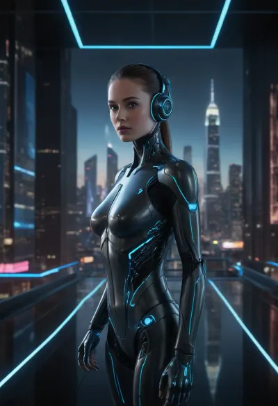 A futuristic artificial intelligence control center, glowing with blue and neon lights, filled with floating holographic interfaces, intelligent robots interacting with data streams, and a humanoid AI figure with translucent skin showing circuits and neural networks. Background features a high-tech city skyline with flying cars and digital billboards displaying AI-generated content. The atmosphere is sleek, clean, and high-tech, with a sense of innovation and limitless possibility. Ultra-realistic style, 8K resolution, cinematic lighting, science fiction art style."