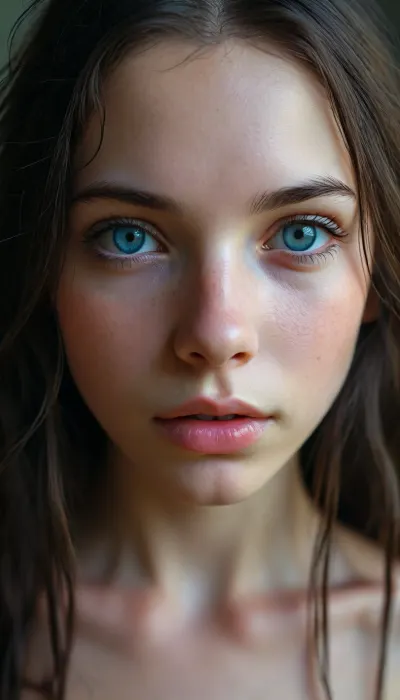 Close up face pic, only face, White skin, petite student with very long hair, Slim, full view, long hair, fully nude, goth, Small tits, (full body view), topless, boobs exposed, Tinymodel, young, Indian girl, 18 years old, perfect face, blue eyes, cute, petite body, smokey eyes, beautiful face, (Ultra detailed skin:1.5), (ultra high resolution:1.5), <lora:MJ52:.3>, innocent look