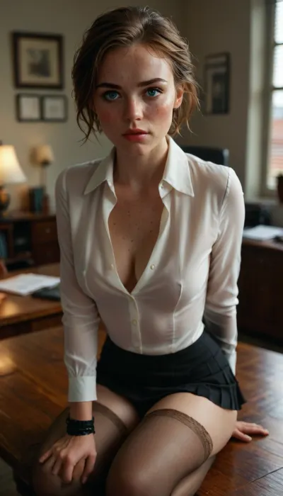 photorealistic, (masterpiece, best quality), beautiful 25 year old secretary, make-up, blue eyes, foundation, lipstick, in office, kneeling on table, short hair, show bra, hairy pussy, unbuttoned white shirt, (down panties), (brown stockings), (black boots), black skirt, lifting skirt, Cumming, fingering, cum on face, raw, <lora:MJ52:2>, <lora:255596_training_data:.8>, <lora:580159_training_data:.8>, detailed, eyes, perfect, freckles, skin, texture, <lora:Super_Eye_Detailer_By_Stable_Yogi_SDPD0:.8>