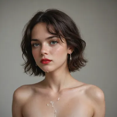 beautiful girl, 18 yo, skinny, small tits, flat chest, dark hair, short hair, standing, freckles, red lips, cum on face