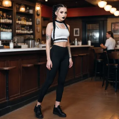 18 year old girl, black shoes, black leggings, white crop top, black braids, first job, restaurant server, full side view, black lipstick, goth, view from side