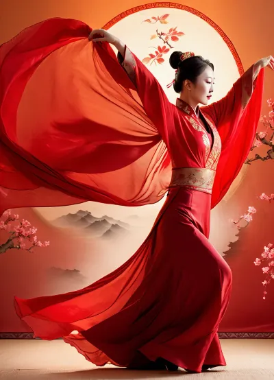 A mature chinese woman in traditional Chinese costume, in a dancing pose, fluttering red fabric enveloping her, (hands hidden by the fabric of flowing sleeves:1.7), with delicate makeup, red headbands and buns in her hair, against a backdrop of traditional Chinese architecture, a lantern festival, lots of glowing Chinese lanterns on the street and in the air. Artistic style, digital art inspired by traditional Chinese painting and modern fantasy. Lighting, Soft diffused evening light with a slight glow from red elements. Composition, (Waist-level shot:1.6), Close-Up, dynamic angle emphasizing movement. Additional details, Elegant details, atmosphere, bright colors, photorealism., Chinese, traditional, architecture, chinese, sino, ancient