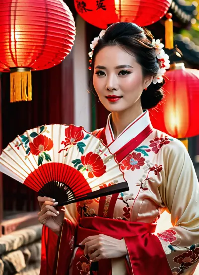(masterpiece), (best quality), (high resolution), (realistic), (photorealistic), one beautiful, (beautiful Mature Chinese woman:1.5), in authentic, (red and white, (traditional hanfu:1.4), with, (floral pattern:1.2), (elegant pose:1.2), (smiling:.8), (pensive look:.9), (ancient Chinese street background:1.2), (red flowers in her hair:1.1), (holding a fan:1.4), (fluttering fabric:1.2), (charming details on her clothes:1.1), (Chinese architecture in the background:1), (dancing with a fan:1.6), dansing, (dynamic movement:1.5), Chinese lantern festival, (multitude of Chinese lanterns in the air:1.5), deep sharpness, (cinematic lighting:1.1), side lighting, soft shadows, (natural light:1.1), (depth of field:1.1), (detailed facial features:1.1), (refined facial features:1.1), (beautiful skin:1.1), (realistic eyes:1.1), (refined eye details:1.1)), Chinese, traditional, architecture, chinese, sino, ancient, <lora:Sino Traditional Architecture:.8>