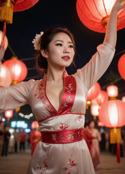 Canon DLSR, high definition photo, low angle, looking up, gorgeous Chinese woman dancing, arms in the air, traditional Chinese dress, front unbuttoned, breasts exposed, slit in dress, one leg visible, Chinese lantern festival, night scene, glowing lanters, high quality, detailed, realistic