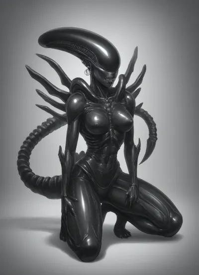 solo, (((female xenomorph black body, xenomorph black legs, xenomorph black feet, xenomorph black head, xenomorph black face, xenomorph black claws, xenomorph black fangs))), wearing tight fitting red bodysuit solo, (((female xenomorph black body, xenomorph black legs, xenomorph black feet, xenomorph black head, xenomorph black face, xenomorph black claws, xenomorph black fangs))), wearing tight fitting red bodysuit