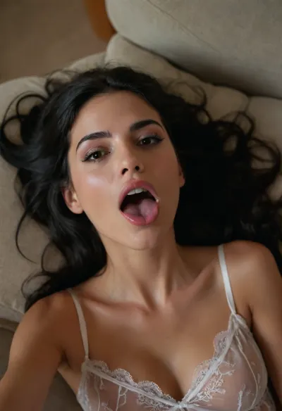 POV from above of a girl sucking dick., Thin, skinny, (venezuelan), with big tits on display, (dressed in negligee), lies back on the couch and has a penis shoved in her face and she sucks it, 1boy straddling her, pov facefucking, position, oral, pov, hands tied above her head, pov from above her, her mouth is open and tongue sticking out. Cumshot over her mouth and chin. Facial, semen in her face, long black wavy hair