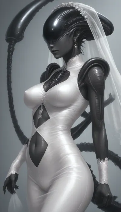 solo female xenomorph, ((female xenomorph black body)), wearing tight_fitting lace wedding dress and wedding veil, (stomach_cutout)