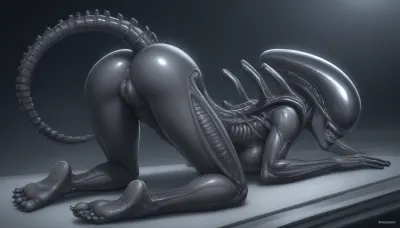 solo Close up of sensual stunning female xenomorph ass View from waist down, bent forward, ass up, Sensual, erotic, female xenomorph body, female xenomorph exaggeratedly swollen pussy, extreme pussy cameltoe, overflowing female xenomorph pussy, female xenomorph black skin, female xenomorph legs, female xenomorph claw feet