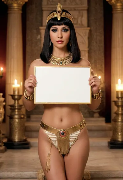 Egyptian pharaoh, (Cleopatra:1.5), 30 years old, madeup heavily, lipstick, Egyptian, super hot, very sexy, horny, long straight black hair hair, tan skin, very glamour, chubby, naked, hairy pussy, gold choker, gold headress, black eyes, neck lace, huge hoop earrings, necklace, bracelet, happy orgasm face, big saggy tits, nipples, tall, standing in a temple, nighttime, candles and lanterns light the temple, (holding a blank sign:1.3), blank sign, PEHoldingSign, <lora:PE_HoldingSign:.8>