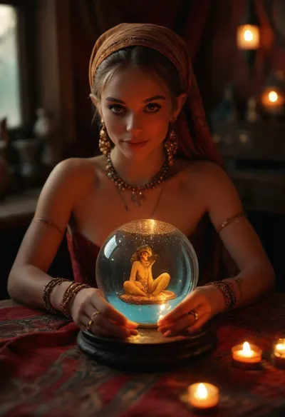 16th century, a sexy gypsy solo fortune teller sits at a small table with a velvet tablecloth at a glowing glass fortune-telling ball, (INSIDE ball appears an IMAGE of a beautiful detailed penis:1.6), surrounded by her extremely messy gypsy showman's wagon, perfect face, ultra horny smile, points to the fortune-telling ball, wears gypsy-typical clothing, (wide dress, many bracelets, golden earrings, headscarf summer afternoon, warm ambient light, Professional photo, hyper-realistic, ultra-high quality, insanely detailed. high resolution, masterpiece, best quality, UHD 8K, extreme realism, maximum detail, hyper realistic, ultra realistic, photorealistic faces, highly detailed faces, sunlight_str1, vibrant, dream, pale, reality, elven, architecture), <lora:MJ52:.8>