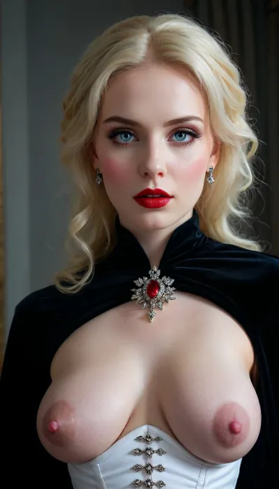 Barbie style, Regal female vampire countess, tall, (pale porcelain skin:1.4), (long blond hair), (elegant fancy updo hairstyle), beautiful eyes, crimson lips, big areolas, velvet gown with corset, busty deeper cleavage, black cloak, ruby jewelry, inverted silver jewelry, alluring yet dangerous, dark sapphic glamour, gothic, realistic, dramatic lighting., hkstyle, sagging, breasts, <lora:hkstyleV5:.8>, <lora:256210_training_data:1>, <lora:sagging-000015:.4>