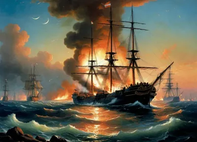 The painting is in the style of the Russian artist Ivan Konstantinovich Aivazovsky.In the depths of the bay, burning ships can be seen sinking, fragments of masts flying apart from the explosion. Rising flames with scarlet-blue smoke mix with clouds, and the light of the moon illuminates the hellish mixture of fire and water. In the foreground, the flagship of the Russian fleet "Three Hierarchs" stands in dark silhouette, to which a boat with the crew of the fireman D. S. Ilyin approaches. Behind the "Three Hierarchs" are "Europa" and "Rostislav", on the left in the background is "Don't touch me", (the location of the Russian ships is slightly "edited" by Aivazovsky, the ships are closer to each other than they were in real combat), . On the left in the foreground, Turkish sailors can be seen in the water, clinging to the wreckage of ships in order not to drown. In the background, the city is illuminated by the glow of the fire. The composition is built on a sharp contrast between flames, pale moonlight, clouds of smoke and fire covering the sky — all this creates the impression of tension and drama of the events taking place. Visually, the center of the picture is not even the Russian ships in the foreground, visible more as silhouettes against the background of clouds of flame and smoke, but the burning formation of the Turkish fleet., painted in the so-called oriental taste.