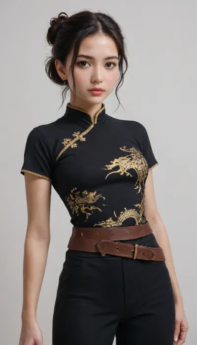 masterpiece, best quality, amazing quality, absurdres, fong ling, 1girl, brown belt, white background, black hair, chinese clothes, black pants, single hair bun, white shirt, looking at viewer, brown eyes, midriff peek, short hair, dragon print, parted bangs, simple background, hair behind ear, short sleeves, closed mouth, china dress