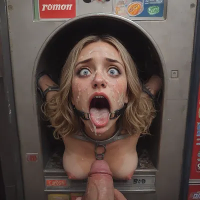 (40 years adult), (woman is stuck with her hips in a round hole with metal rim in a vending machine), (her bust is protruding from a round hole in the front of the vending machine:1.5), (stuck in hole with metal rim:1.3), (vending machine at night, slot for payment), (wide mouth spreader ring gag, gaping mouth:1.5), (leaning forward), (embarrassed, ashamed), (pleading expression:1.2), (terrified:1.6), (crying:1.2), (fear and panic:1.2), (box is low mounted, close to floor), (score_9, score_8_up, score_7_up, UHD 8K, masterpiece, best quality, maximum details, natural light, extreme realism, cinematic still), (huge penis:1.4), (she stares at erect penis in front of her face:1.3), (POV from above, she is looking up to viewer, submissive), (POV man standing and looking down, man stroking his big dick:1.1), (arms restrained to wall), (her arms left and right flat against the wall, multiple iron rings fixing her stretched arms against the wall:1.5), (POV standing man, looking down on her:1.2), (mouth wide open), (dirty blonde Swedish woman, freckles, tanned), (tan lines), (iron rings restrain her arms to vending machine), (her arms are spread eagle against vending machine:1.8), (arms restrained with iron rings:1.8), (free-standing vending machine), (her face is covered in cum:1.6), (enormous cum in er mouth:1.12), (bukkake, facial:1.48), (crying:1.3), (freckles, skin impurities), (transparent liquid:1.2), (realistic cum), (wet face:1.2), (oily skin:1.5), (stuck in a round hole with metal rim:1.6), (long blonde hair, elegantly styled hair, long wavy hair:1.5), (eyes wide open in horror:1.8), (her mouth serves only one purpose), (she's got a new job, she's a public cum dumpster)