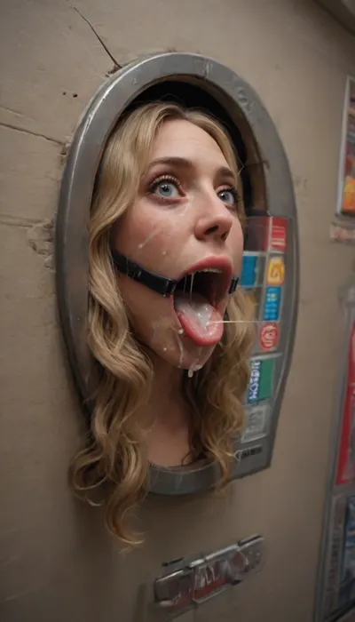 ((front side view, rotated, angle, style:1.3)), (40 years adult), (woman is stuck with her hips in a round hole with metal rim in a vending machine), (her bust is protruding from a round hole in the front of the vending machine:1.5), (stuck in hole with metal rim:1.3), (vending machine at night, slot for payment), (wide mouth spreader ring gag, gaping mouth:1.5), (leaning forward), (embarrassed, ashamed), (pleading expression:1.2), (terrified:1.6), (crying:1.2), (fear and panic:1.2), (box is low mounted, close to floor), (score_9, score_8_up, score_7_up, UHD 8K, masterpiece, best quality, maximum details, natural light, extreme realism, cinematic still), (huge penis:1.4), (she stares at erect penis in front of her face:1.3), (POV from above, she is looking up to viewer, submissive), (POV man standing and looking down, man stroking his big dick:1.1), (arms restrained to wall), (her arms left and right flat against the wall, multiple iron rings fixing her stretched arms against the wall:1.5), (POV standing man, looking down on her:1.2), (mouth wide open), (dirty blonde Swedish woman, freckles, tanned), (tan lines), (iron rings restrain her arms to vending machine), (her arms are spread eagle against vending machine:1.8), (arms restrained with iron rings:1.8), (free-standing vending machine), (her face is covered in cum:1.6), (enormous cum in er mouth:1.12), (bukkake, facial:1.48), (crying:1.3), (freckles, skin impurities), (transparent liquid:1.2), (realistic cum), (wet face:1.2), (oily skin:1.5), (stuck in a round hole with metal rim:1.6), (long blonde hair, elegantly styled hair, long wavy hair:1.5), (eyes wide open in horror:1.8), (her mouth serves only one purpose), (she's got a new job, she's a public cum dumpster)