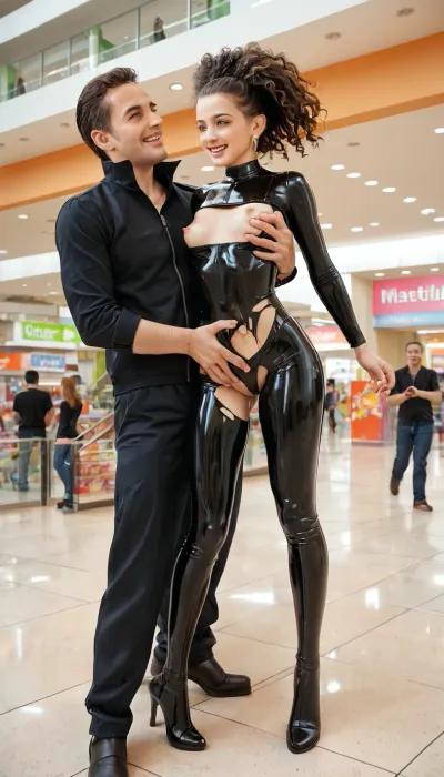 In a shopping mall, a tall wide hour-glass female with brown eyes and wide hips is falling to the mall floor, groping and ripping off her tight-fitting bodysuit to expose her g-string and perfect body. The men grope the smiling, squeezing her ass. The female writhes and struggles against the groping, .Tags, 1girl, 1boy, grope, groping, g-string, bra, bodysuit, torn, torn_clothes, small breasts, mall_floor, mall, heels, boots, catsuit, falling, score_9, latex, matte, shiny, inflatable, <lora:shinylatex-merged:.8>, <lora:193712_training_data:.8>