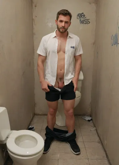 Handsome fit hairy middle aged Caucasian man in a public men’s restroom. Toilet, graffiti on walls, toilet. ASCII, photo of a middle aged man leaning against wall, salt and pepper hair, white unbuttoned shirt showing hairy chest, black shorts unzipped showing white briefs, high detail. Dramatic lighting, other men looking on, trash on floor, dirty dingy ambience, light blue tiled walls, <lora:712386_training_data:.8>, <lora:255700_training_data:.8>, mooning, <lora:xbutt-1.3:.8>