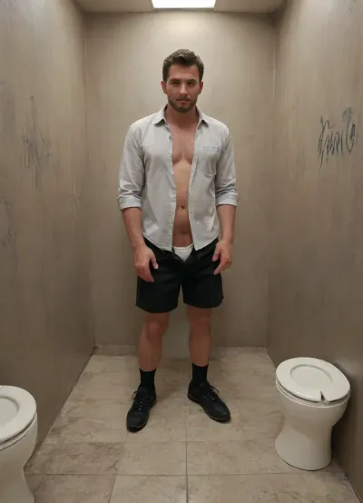 Handsome fit hairy middle aged Caucasian man in a public men’s restroom. Toilet, graffiti on walls, toilet. ASCII, photo of a middle aged man leaning against wall, salt and pepper hair, white unbuttoned shirt showing hairy chest, black shorts unzipped showing white briefs, high detail. Dramatic lighting, other men looking on, trash on floor, dirty dingy ambience, light blue tiled walls, <lora:712386_training_data:.8>, <lora:255700_training_data:.8>, mooning, <lora:xbutt-1.3:.8>