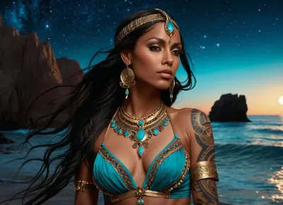 ((masterpiece)), (best quality), (highly detailed), ((illustration)), incredibly detailed, intricate, fantastical, portrait, {beautiful woman}, full shot, facing viewer, dark skin, long flowing black hair, big perky bteasts, (((intricate tribal tattoos on arms and shoulders))), belly dancer transparent outfit, aqua and gold sexy dress, ornate jewelry, necklace, earrings, armlets, headpiece, (holding a dagger:1.5), sparkling water effects, water waves, (glowing water effects), (night sky), (starry sky), galactic background, nebula, distant moon, rocky shore, dramatic lighting, volumetric lighting, rim lighting, vibrant colors, fantasy art, digital painting, sharp focus, octane render, concept art, by artgerm and greg rutkowski and rebecca guay