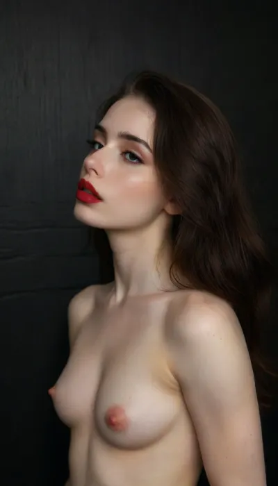 ziprealism, Iranian mega super star pretty face, (intimate sensual esthetic, artistic study of feminine allure), (seductive sensual expression, sensual eye contact, leaning back against wall:1.2), (f/2.8, shallow depth of field), (medium full shot, shot in profile, view from side, big lips focus:1.6), (stark black hair, very long hair, straightened hair, hair obscuring face:1.4), (full lips, soft pillowed lips, moist lips, vibrant red lipstick, natural skin texture, pale skin:1.4), (cozy bedroom), (large teardrop breasts, soft breasts, pale nipples:1.2), (athletic body, slender, prominent hip bones:1.4), igbaddie, (dark, chiaroscuro, black backdrop, rim lighting:1.8), <lora:style_lora_realis:.4>, <lora:igbaddie-XL:.4>, <lora:zavy-cntrst-sdxl:1.6>