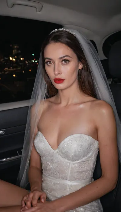 Hyper photorealistic masterpiece, maximum quality, maximum detail, maximum realism, photorealistic, high resolution, ultra-realistic, masterpiece, front view, realistic detailed skin texture, realistic face, extreme detail, 8K photo, best quality, soft natural light, intricate details, realistic, UHD, flash photography., night, car interior, in the windows of the visible lights of the night city, my back seats of the car interior, view from the driver's side. sitting woman. 35 years old. Tall brunette, slender, thin, tall, small breasts, pointed nipples. She has wide perky and long legs. She is embarrassed, looks away, shy. Evening make-up, red lips, eyes lined with mascara. Vulgar. She is afraid of being seen, but she is excited. Exhibitionism, bride's veil. We see her slightly from the side, from head to toe, her whole figure. Knees spread apart. Between the legs we see an intimate hairstyle. perfecteyes, raw, illuminated, overexposed, sharp, flash, More
1, 282 / 5, 000
Hyperphotorealistic masterpiece, ultrarealistic, lights of the night city are visible through the windows, we are in the back seat of the car, view from the driver's side. The woman is sitting in the back seat.

35 years old. Tall brunette, pointed nipples. She has wide hips and long legs.
She is embarrassed, shy.

Evening make-up, eyes lined with mascara. Vulgar. She is afraid of being noticed, but at the same time she is excited. Exhibitionism., <lora:PerfectEyesXL:.8>, <lora:Rawfully Stylish v0.2_epoch_20:.8>