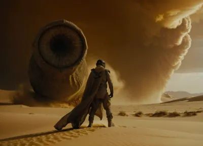 A young man in a protective Fremen suit, ((standing top on a huge sandworm)), shai-hulud, and holding steel hooks to control it, ((against the backdrop of a sandstorm)), . Cinematic style, photorealism inspired by the film “Dune.” Dramatic lighting, diffused light. Wide shot, low angle. Detailed texture of the worm, dynamic pose, dust and small particles in the air, gloomy atmosphere., nosetril, plug, blue, eyes, cloak, 7-dune, Ornithopter, sand, worm, sepia, greyscale, <lora:Dune1024:1.1>, <lora:Dune SDXL v2.1:.8>