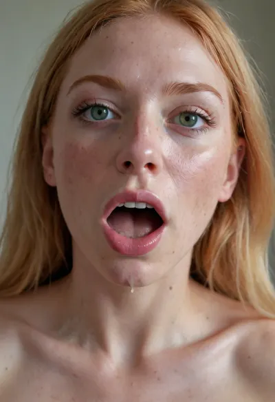 Photo of a pretty woman with green eyes and ginger hair, long messy white straight hair, flat breasted, small waist, small hips, small ass, (freckles), (freckles body), deepthroating a man, ballsdeep, face pressed against crotch, man grab long white hair, (((cum dripping from the side of her mouth))), (((cum on face))), (((cum in hair))), (((cum everywhere))), (((cum leaking from nostrils))), man light skin, Nikon Z9, realistic matte skin, skin texture visible, (sharp focus), (high quality), (face visible), deep throat, (pov_deepthrt)
