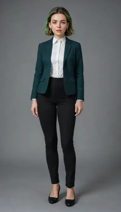 Katherine Mulligan Loud From The Loud House, mint green streak. She has fair skin and flushed cheeks, with an expression of surprise or astonishment. She is wearing a dark suit, possibly black or navy, consisting of an open jacket with a pronounced neckline and tight pants or opaque tights. The jacket appears to be made of a smooth, formal material, full body viiew