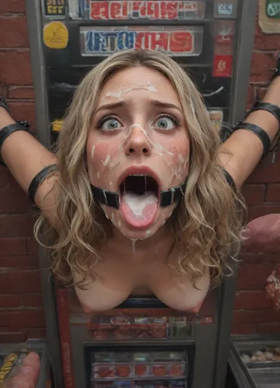 (40 years adult), (woman is stuck with her hips in a round hole with metal rim in a vending machine), (her bust is protruding from a round hole in the front of the vending machine:1.5), (stuck in hole with metal rim:1.3), (vending machine at night, slot for payment), (wide mouth spreader ring gag, gaping mouth:1.5), (leaning forward), (embarrassed, ashamed), (pleading expression:1.2), (terrified:1.6), (crying:1.2), (fear and panic:1.2), (box is low mounted, close to floor), (score_9, score_8_up, score_7_up, UHD 8K, masterpiece, best quality, maximum details, natural light, extreme realism, cinematic still), (huge penis:1.4), (she stares at erect penis in front of her face:1.3), (POV from side view, she is looking up to viewer, submissive), (POV man standing and looking down, man stroking his big dick:1.1), (arms restrained to wall), (her arms left and right flat against the wall, multiple iron rings fixing her stretched arms against the wall:1.5), (POV standing man, looking down on her:1.2), (mouth wide open), (dirty blonde Swedish woman, freckles, tanned), (tan lines), (iron rings restrain her arms to vending machine), (her arms are spread eagle against vending machine:1.8), (arms restrained with iron rings:1.8), (free-standing vending machine), (her face is covered in cum:1.6), (enormous cum in er mouth:1.12), (bukkake, facial:1.48), (crying:1.3), (freckles, skin impurities), (transparent liquid:1.2), (realistic cum), (wet face:1.2), (oily skin:1.5), (stuck in a round hole with metal rim:1.6), (long blonde hair, elegantly styled hair, long wavy hair:1.5), (eyes wide open in horror:1.8), (her mouth serves only one purpose), (she's got a new job, she's a public cum dumpster), (high view:1.7)