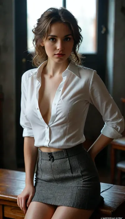 In photography studio, professional photography, high quality, artistic, soft, chiaroscuro, very contrasting light, romantic atmosphere, artistic composition, (in a dark corner), wonderful 30 years old woman, sexy, no panties, full body, grey tweed skirt, (unbuttoned white shirt), pantyhose, (((show nipples))), shy, ((upskirt)), watching at us with serenity, (back view), perfect eyes, <lora:add-detail-xl:2>, .=, raw, <lora:MJ52:2>, hinaigirl, <lora:MaybeBetterFaceInFullBodyLora_XL_rev3:.8>