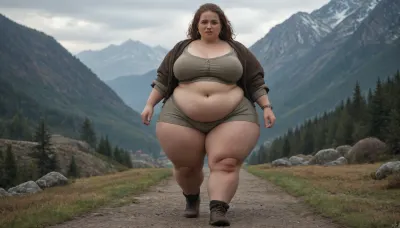 viking, hyper hips, heavyweight, fat woman, obese, (fully dressed:1.3), night mountain, massive fat thighs, hiking