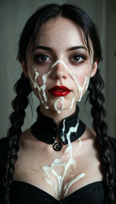 facing camara, 1 girl solo, spooky moonlit mansion in distance, (intricate detailed Wednesday Addams face), intensely proud expression, (huge dark eyes with detailed black iris:1.2), dark blood red lipstick detailed high collar buttoned black gothic top, very long very thick black braided high pigtails hair, several strings of thick lumpy cum splashed across her face, (after extreme bukkake:1.5), cum on hair, (cum on high pigtails:1.3), high detail, sharp focus, perfect lighting, awesome, dslr, 4k high quality. extra detail, extra sharp, magical, perfect moment, natural skin, pores, (young), ohwx, woman, <lora:ortega_sdxxxl_dh128_v1:.8>