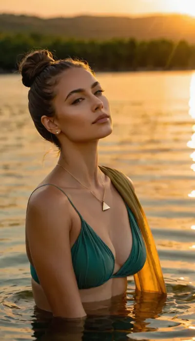 Réflexions séréniques

- Oui.

Une jeune femme adulte avec une peau claire et des cheveux bruns dans un grand pain pose dans un corps d'eau peu profond pendant l'heure d'or. Elle porte un bikini taupe et un pendentif argenté, son expression sereine en regardant vers le haut. L'eau calme reflète un soleil doux, avec un rivage visible en arrière-plan. L'atmosphère est paisible et accueillante, captant une ambiance de vacances détendue.
