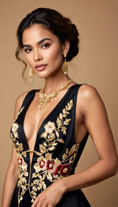 Élégance sous les projecteurs

- Oui.

Un photographe capture une femme d'ascendance noble dans une superbe robe de soirée noire avec des broderies d'or complexes. Le tissu drape élégamment autour d'elle, mettant en valeur ses caractéristiques raffinées et son comportement poisé. Son expression est à la fois régale et séduisante, alors qu'elle se tient confiante devant la caméra, embrassant les projecteurs. Les détails profonds en v-neckline et en découpe accentuent sa silhouette, tandis que la texture riche de la robe ajoute une touche de sophistication à la composition.