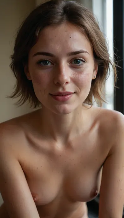 Sublime sexy innocent 28 year old French baker, perfect pure warm innocent face, big Green eyes, brown short hair, short ponytail, ray of sunlight through the window, full body, (((long distance view))), (((full body view))), (((high detailed legs))), (((high detailed fingers))), 21 year old, ((very much want have sex)), ((European British Scandinavian)), well-build body, medium tits, small lips, lots of freckles face and skin, blush on the checks and nose, (raised nasal tip, upturned button nose, upturned nose, delicate nose, nose), loving grey eyes, brown wild wet hair with sidelocks, very sexy smile