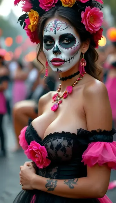 Long shot, full body image, dia de los muertos, Mexican beauty with skull face paints sticking out her very long pink tongue, huge parade in Mexico City, Day of the Dead, traditional Mexican dress in black, cleavage, off shoulder dress, but, ((naked breasts out of dress, erected nipples)), big, boobs, huge, tits, <lora:BUT_SDXL_SHS:.8>, <lora:MJ52:.8>, <lora:bombshell_v2:.4>