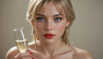 Anastasia with a glass of champagne in her hands.Full-face. Blue eyes and bright red lips.Bright red manicure.Bare shoulders.