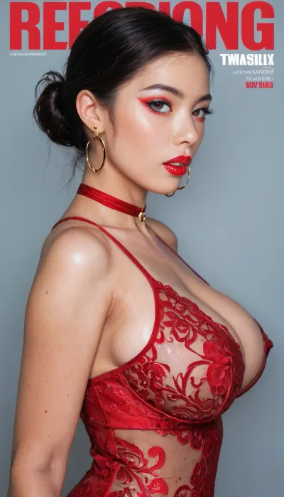 (((The porn Magazine "BIG TITS"))), The cover page, the headline is "BIG TITS become NO.1 " and the cover ASIAN lady is pretty, aidmaRealisticPeoplePhotograph., raw, lighting, overexposed, harsh, flash, photograph of a woman, black hair pulled back into a low bun, fair skin, glossy lipstick, light smoky makeup, wearing a form fitting red lace cheongsam, intricate dangling diamond earrings, (large perfect boobs:1.4), <lora:SDXLHighDetail_v6-000005:.8>, <lora:Rawfully Stylish v0.2_epoch_20:.8>