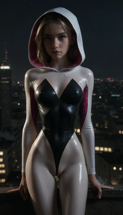 night, clear weather, (((18 years old))), (((young))), (spider girl Gwen Stacy), Braided side Side Cornrows Hair, (tight outfit), athletic body, hood on head, hip gap, (narrow waist:1.5), (blonde with pink strands), climbs to the roof of a high-rise building, New York day, ((pussy cameltoe:.6)), (oiled skin:1.4), (wet tight bodysuit), hand, 1girl, medium natural breast, (high detailed face:1.5), dim lights, (hard nipples:.8), rear view, view from behind, <lora:HandFineTuning_XL:1>, <lora:MGLRbodysuit_sdxl:.6>, <lora:uberfit_lora_sdxl:.4>, <lora:dark:.4>, (chiaroscuro lighting:.4)