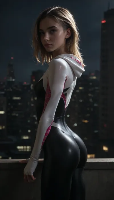 night, clear weather, (((18 years old))), (((young))), (spider girl Gwen Stacy), Braided side Side Cornrows Hair, (tight outfit), athletic body, hood on head, hip gap, (narrow waist:1.3), (blonde with pink strands), (view from side:1.4), climbs to the roof of a high-rise building, (makeup), New York day, ((pussy cameltoe:.6)), wet clothes, (oiled skin:1.4), (wet tight bodysuit), hand, 1girl, (athletic ass), medium natural breast, (high detailed face:1.5), dim lights, (hard nipples:.8), rear view, view from behind, <lora:HandFineTuning_XL:1>, <lora:MGLRbodysuit_sdxl:.6>, <lora:uberfit_lora_sdxl:.4>, <lora:dark:.3>, (chiaroscuro lighting:.3)