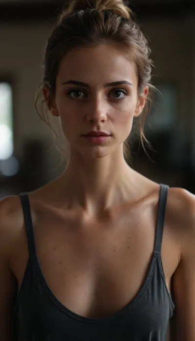 photorealistic, (gorgeous skinny fit woman), maximum quality, barely legal, very messy ponytail hair, extremely loose oversized tank top, (large neckline with braless 40J cups), eyeliner, full body view, accurate eyes, nymphomaniac looking eyes, (realistic detailed eyes), (realistic skin texture), extremely detailed, high resolution, high resolution face, high resolution eyes