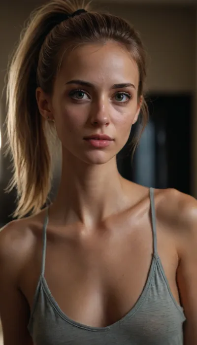 photorealistic, (gorgeous skinny fit woman), maximum quality, barely legal, very messy ponytail hair, extremely loose oversized tank top, (large neckline with braless 40J cups), eyeliner, full body view, accurate eyes, nymphomaniac looking eyes, (realistic detailed eyes), (realistic skin texture), extremely detailed, high resolution, high resolution face, high resolution eyes