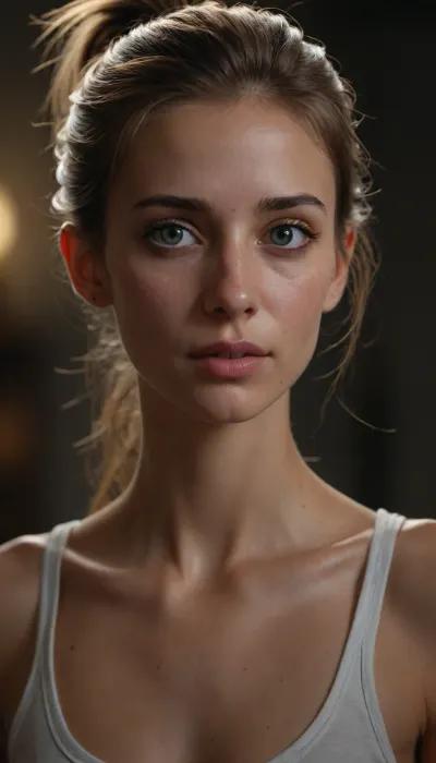 photorealistic, (gorgeous skinny fit woman), maximum quality, barely legal, very messy ponytail hair, extremely loose oversized tank top, (large neckline with braless 40J cups), eyeliner, full body view, accurate eyes, nymphomaniac looking eyes, (realistic detailed eyes), (realistic skin texture), extremely detailed, high resolution, high resolution face, high resolution eyes
