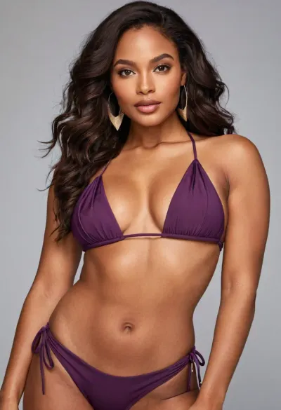 Close-up portrait of a dark-skinned woman, young adult age range. She displays a confident, alluring pose, with a captivating gaze directed at the viewer. Her dark, long hair is styled in loose waves. Her makeup is defined, with accentuated eyes and a soft, natural lip color. She wears a stylish, deep purple, smooth-material bikini. The top is a triangle-shaped bikini top, fitting snugly with a subtle decorative element. The bottoms are high-waisted, featuring ties at the sides, adding a modern touch. The color of the bikini is a rich, showcasing a sleek, modern style. The lighting is soft and well-balanced, casting no harsh shadows, emphasizing the curves of her body. The composition is centered, drawing attention to her figure. The skin tone is medium-dark brown with a natural glow, highlighting her physical features. Her expression is sensual and serene, embodying a subtle sense of confidence. The background is a light gray-beige wall, with a hint of a kitchen area visible in the back. The textures of the skin and the material of the swimwear are smooth and glossy. The atmosphere is alluring, romantic, and inviting. The mood is sensual but not overtly suggestive. The style is contemporary, portrait-style photography, utilizing a close-up perspective with a well-defined focus on the subject. Studio lighting is used, with a focus on creating soft highlights and subtle reflections. Close-up portrait of a dark-skinned woman, young adult age range. She displays a confident, alluring pose, with a captivating gaze directed at the viewer. Her dark, long hair is styled in loose waves. Her makeup is defined, with accentuated eyes and a soft, natural lip color. She wears a stylish, deep purple, smooth-material bikini. The top is a triangle-shaped bikini top, fitting snugly with a subtle decorative element. The bottoms are high-waisted, featuring ties at the sides, adding a modern touch. The color of the bikini is a rich, showcasing a sleek, modern style. The lighting is soft and well-balanced, casting no harsh shadows, emphasizing the curves of her body. The composition is centered, drawing attention to her figure. The skin tone is medium-dark brown with a natural glow, highlighting her physical features. Her expression is sensual and serene, embodying a subtle sense of confidence. The background is a light gray-beige wall, with a hint of a kitchen area visible in the back. The textures of the skin and the material of the swimwear are smooth and glossy. The atmosphere is alluring, romantic, and inviting. The mood is sensual but not overtly suggestive. The style is contemporary, portrait-style photography, utilizing a close-up perspective with a well-defined focus on the subject. Studio lighting is used, with a focus on creating soft highlights and subtle reflections.