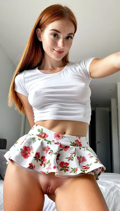 18 years old french girl, taking a selfie, wearing short low worn white floral skirt, exposing tiny cute round perky butt, thigh gap, cameltoe pussy, tight pussy, innocent, white and pale skin, slim nose, brown hair, tight white Tshirt, no bra, youthful breasts, very puffy breasts, tiny puffy nipples, flashing tits, slender body, embarrassed smile, slender girly face, minimalist white luxury bedroom, freckles, brown eyes, molar on cheek, 3/4 body view, rhinoplasty, hyper realistic photo, full hd, 8K