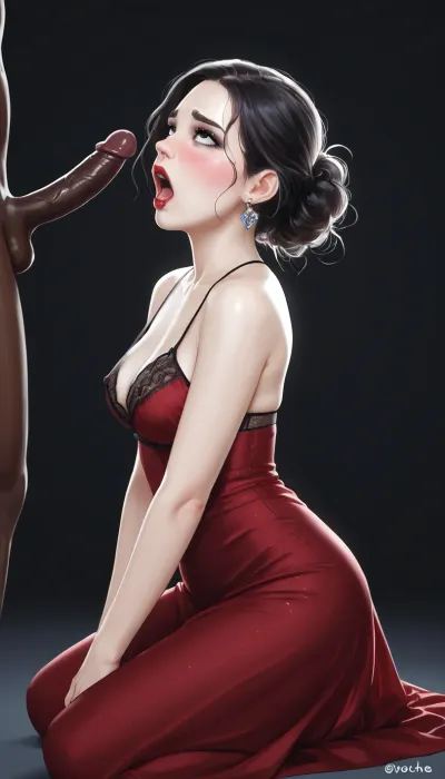 score_9, score_8_up, score_7_up, woman fucked by huge black man, goth, looking up, open mouth, big red lips, side view, kneeling, before blowjob, undressing, dress, lingerie, (pale skin:1.2), (interracial:1.3), milf, medium breasts, loemba, blueche, (with, blushing, cheeks:1), covche, covering, her, cheek, with, right, hand, covmou, looking, embarrassed, <lora:EmbarrassedBlushing.1.0:.8>, AEI, mouth, D, Ee, F, L, M, O, S, Uh, W-Oo, <lora:Everly Heights Talk Mouth Pony XL:.8>